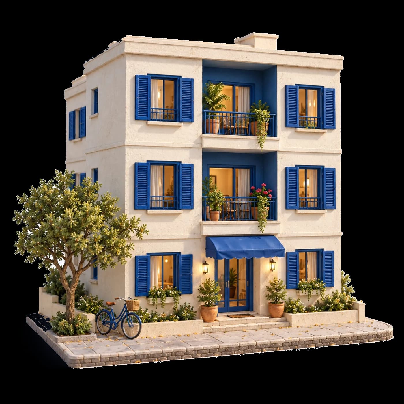 Miniatura de um prédio pequeno de três andares, com janelas azuis, plantas e uma bicicleta na entrada
